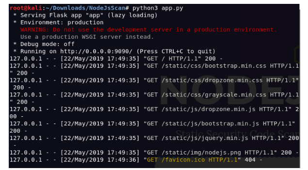 Executing app.py to run NodeJsScan