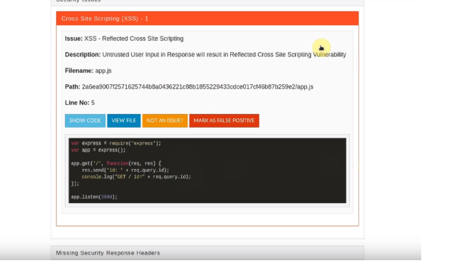 NodeJsScan giving a detailed description of the vulnerability