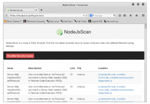 NodeJsScan specifying security issues