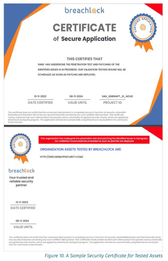 Screenshot of BreachLock penetration testing certificate