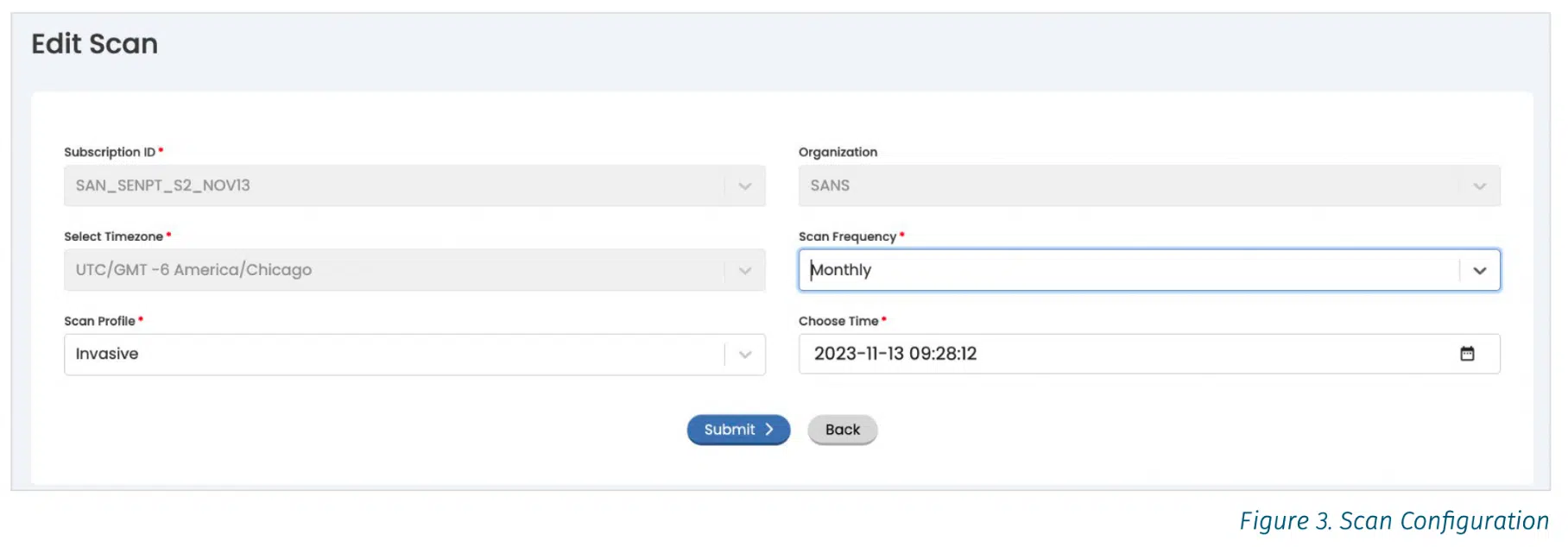 Screenshot of the "Edit Scan" feature of the BreachLock Platform from SANS Platform Review