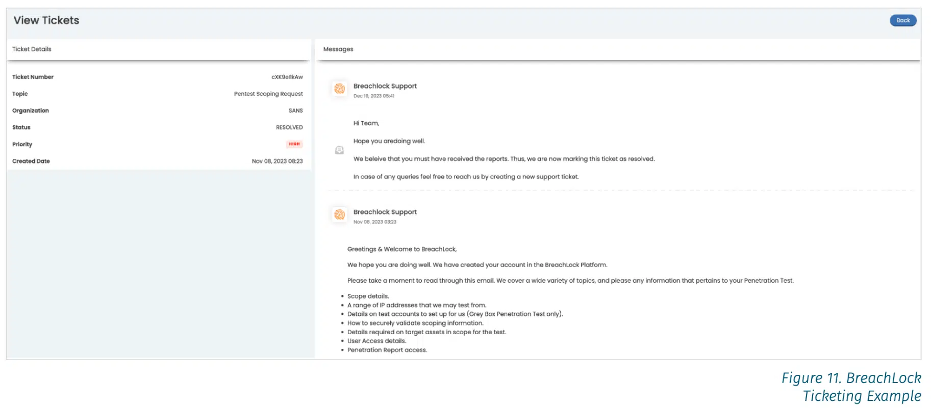Screenshot of BreachLock PTaaS Ticketing System from SANS Platform Review