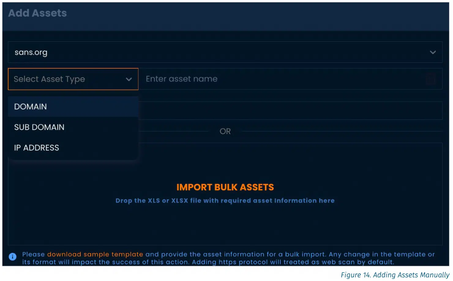 Screenshot showing how to add assets manually for ASM scans in the BreachLock Platform.