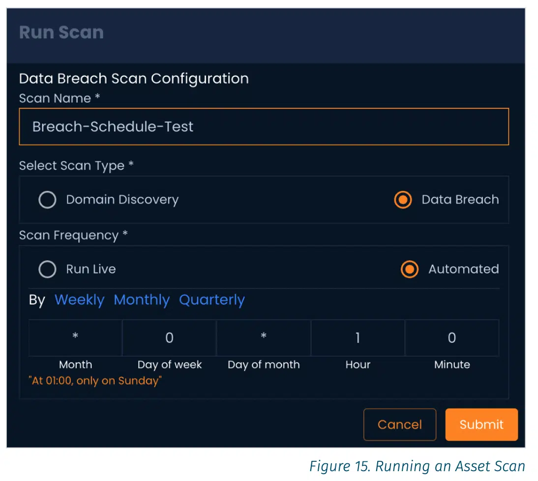Screenshot showing how to run an asset scan in the BreachLock platform for ASM from the SANS platform review.