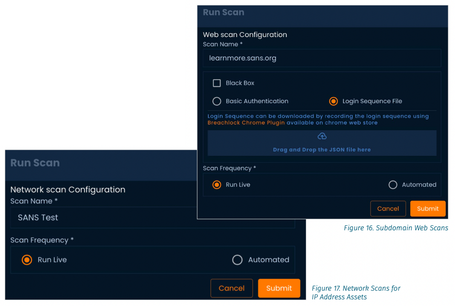 Screenshot of subdomain web scan and network scanning features in the BreachLock Platform.