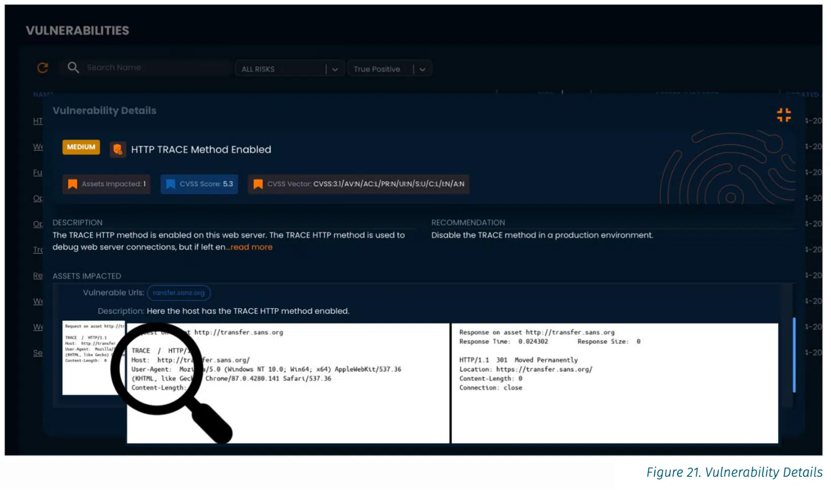 Screenshot of vulnerability details in the BreachLock platform for ASM.