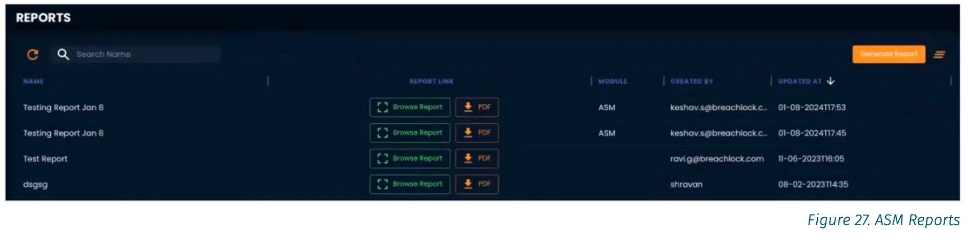 Screenshot of ASM Reports feature in the BreachLock Platform from SANS Platform Review