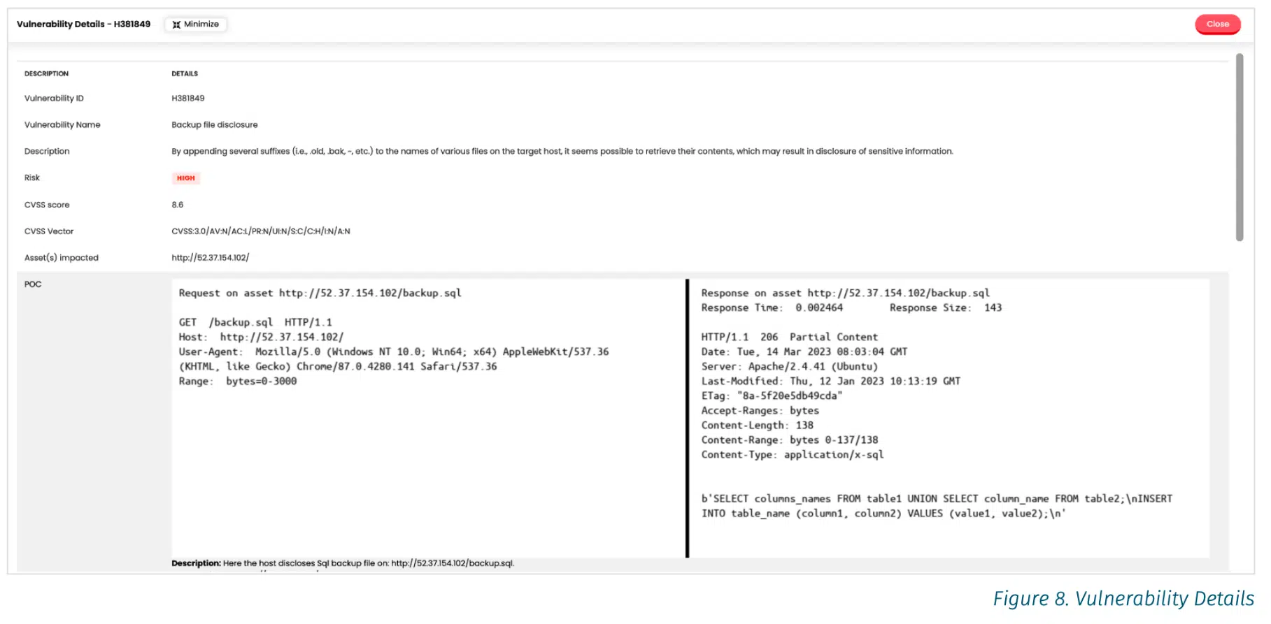 Screenshot of vulnerability details from the BreachLock platform for PTaaS