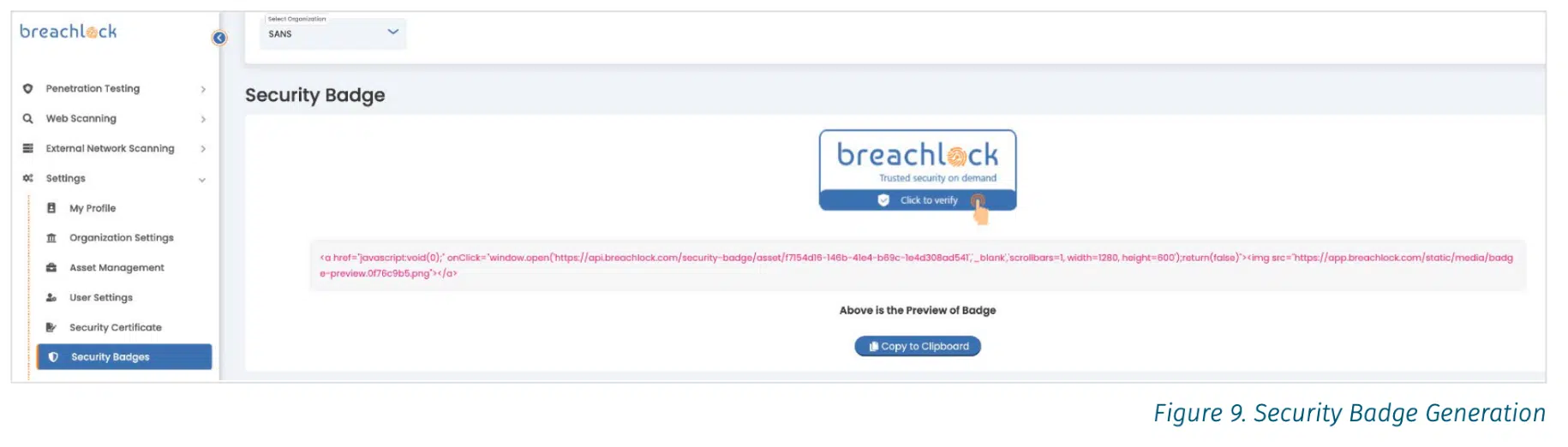 Screenshot of Security Badge generation feature BreachLock Platform - SANS Review