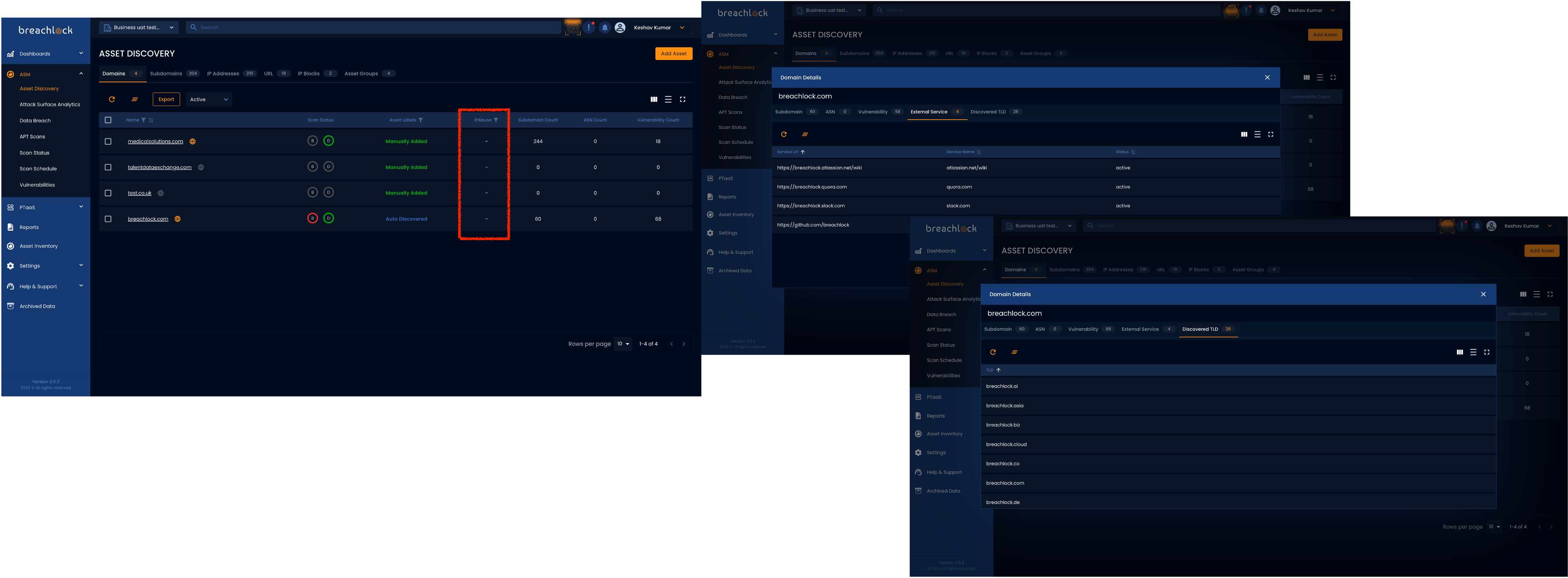 BreachLock Unified Platform Screenshots - ASM showing TLDs, External Services