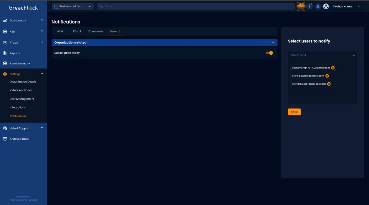 Email Notifications about Subscription Expiry BreachLock Unified Platform Screenshot