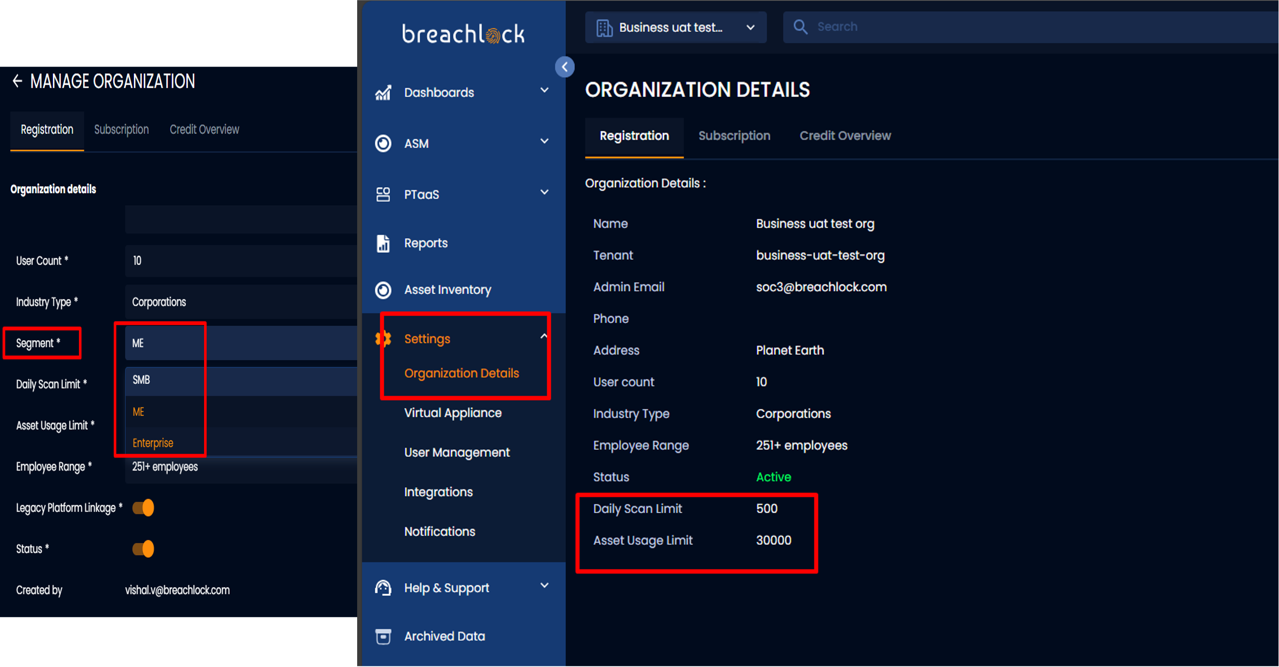 Daily scan limit feature screenshot from the BreachLock Unified Platform.