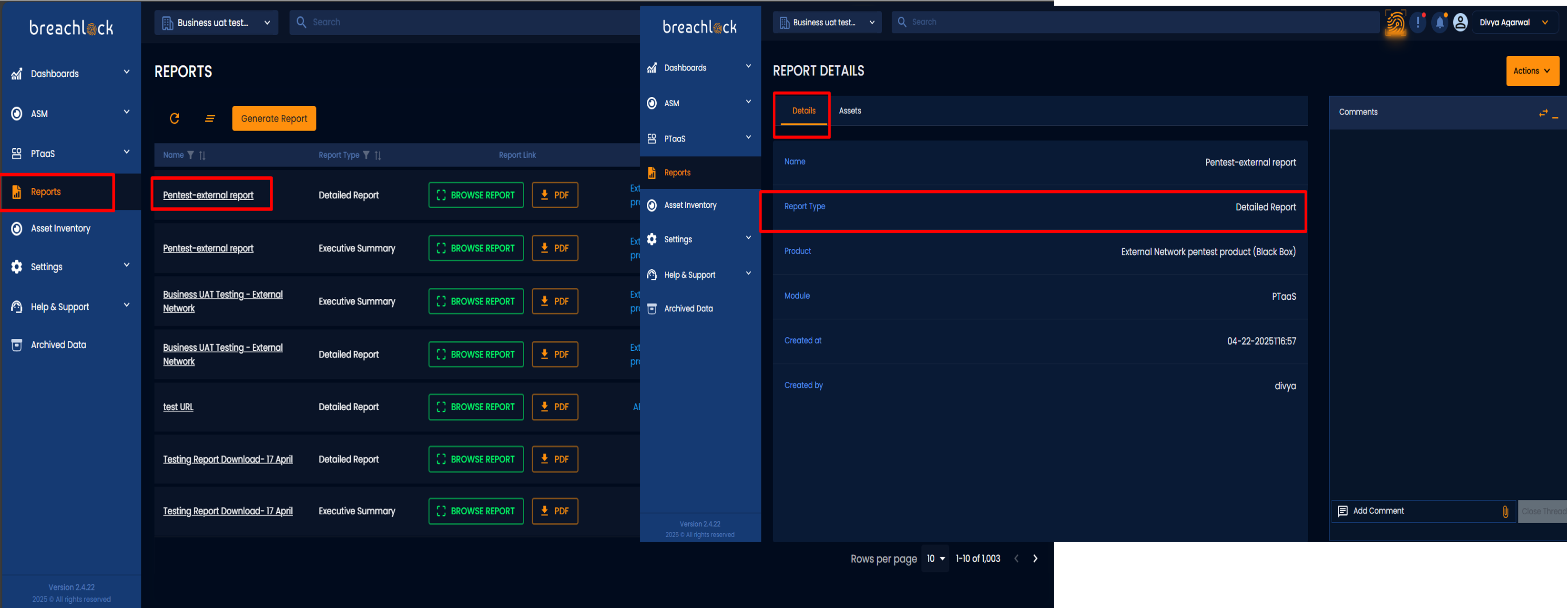 Streamlined report generation in the BreachLock Unified Platform.