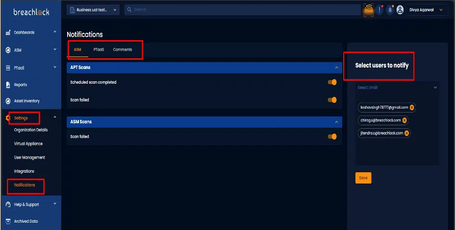 Manage Email Notifications in the BreachLock Unified Platform