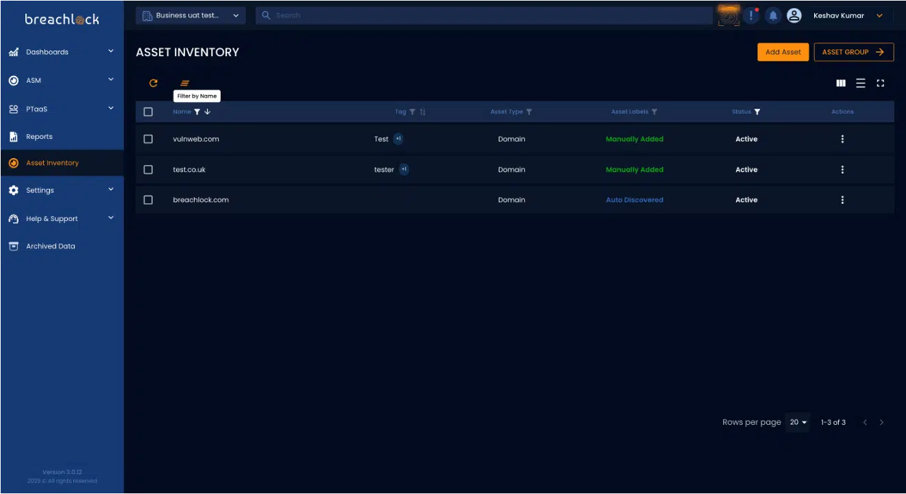 BreachLock Unified Platform Advanced Filters NGPTaaS v3.0