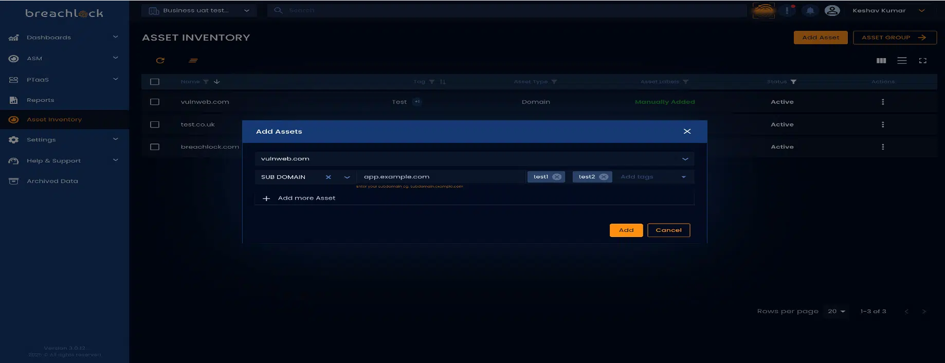 BreachLock Unified Platform Screenshot Multi-Tag Support NGPTaaS v3.0