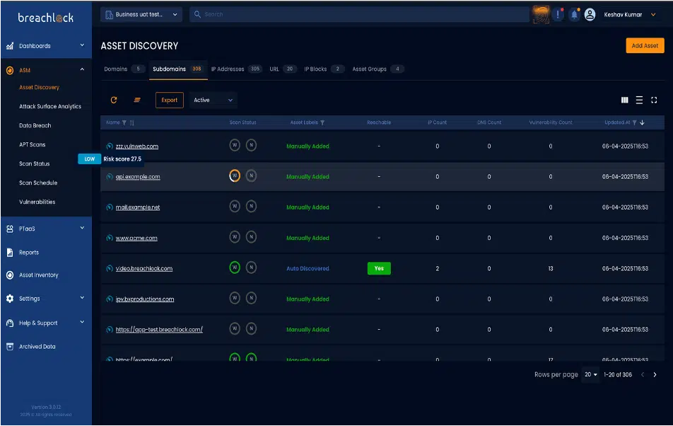 Risk Score on Asset Discovery NGPTaaS v3.0 - BreachLock Unified Platform Screenshot