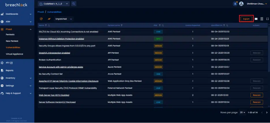 NGPTaaS v4.1.0 Export Vulnerabilities CSV Screenshot