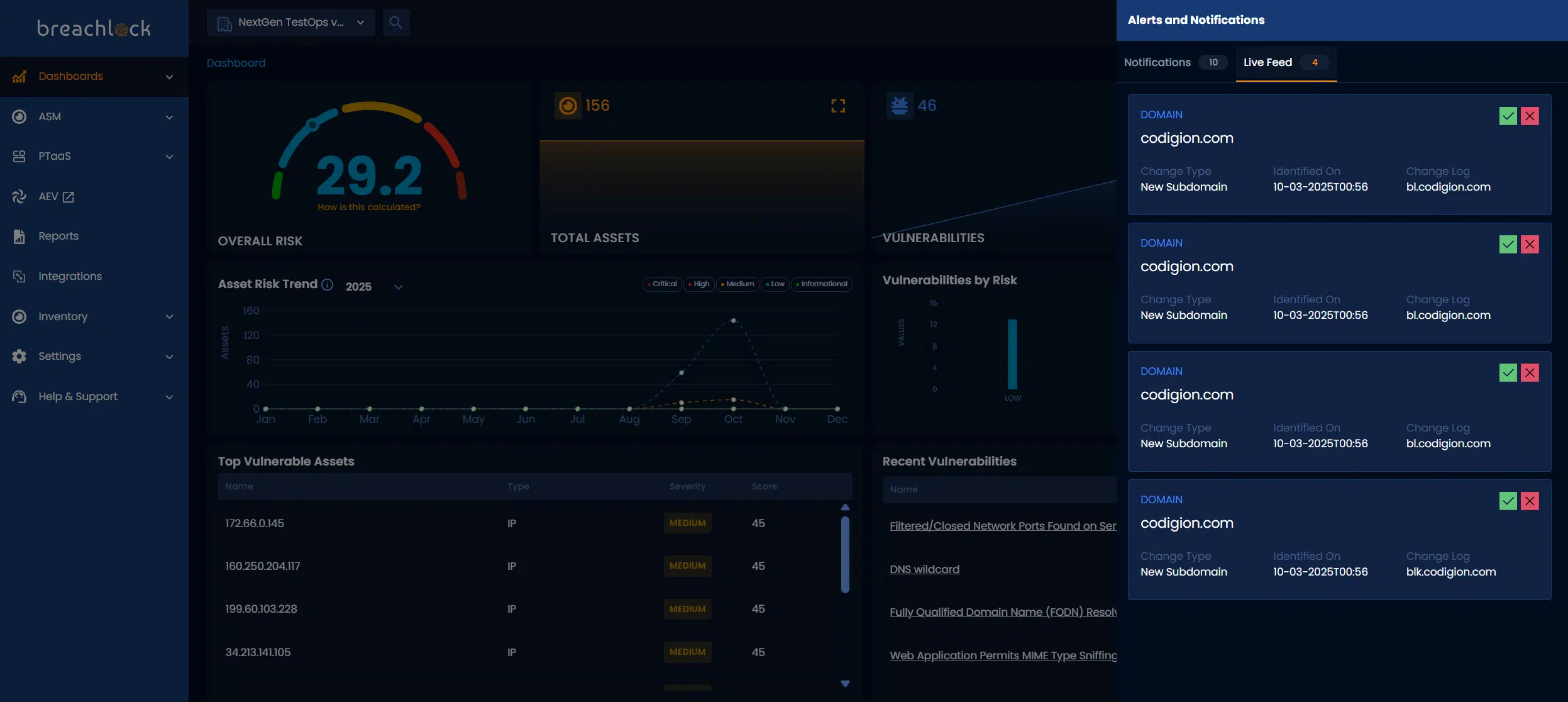 BreachLock Unified Platform Screenshot NGPTaaS v4.2.0 live feed for domain discovery