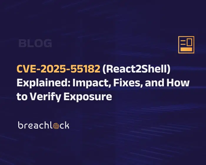 CVE-2025-55182 React2Shell Explained Impact, Fixes, and How to Verify Exposure BreachLock Blog Cover